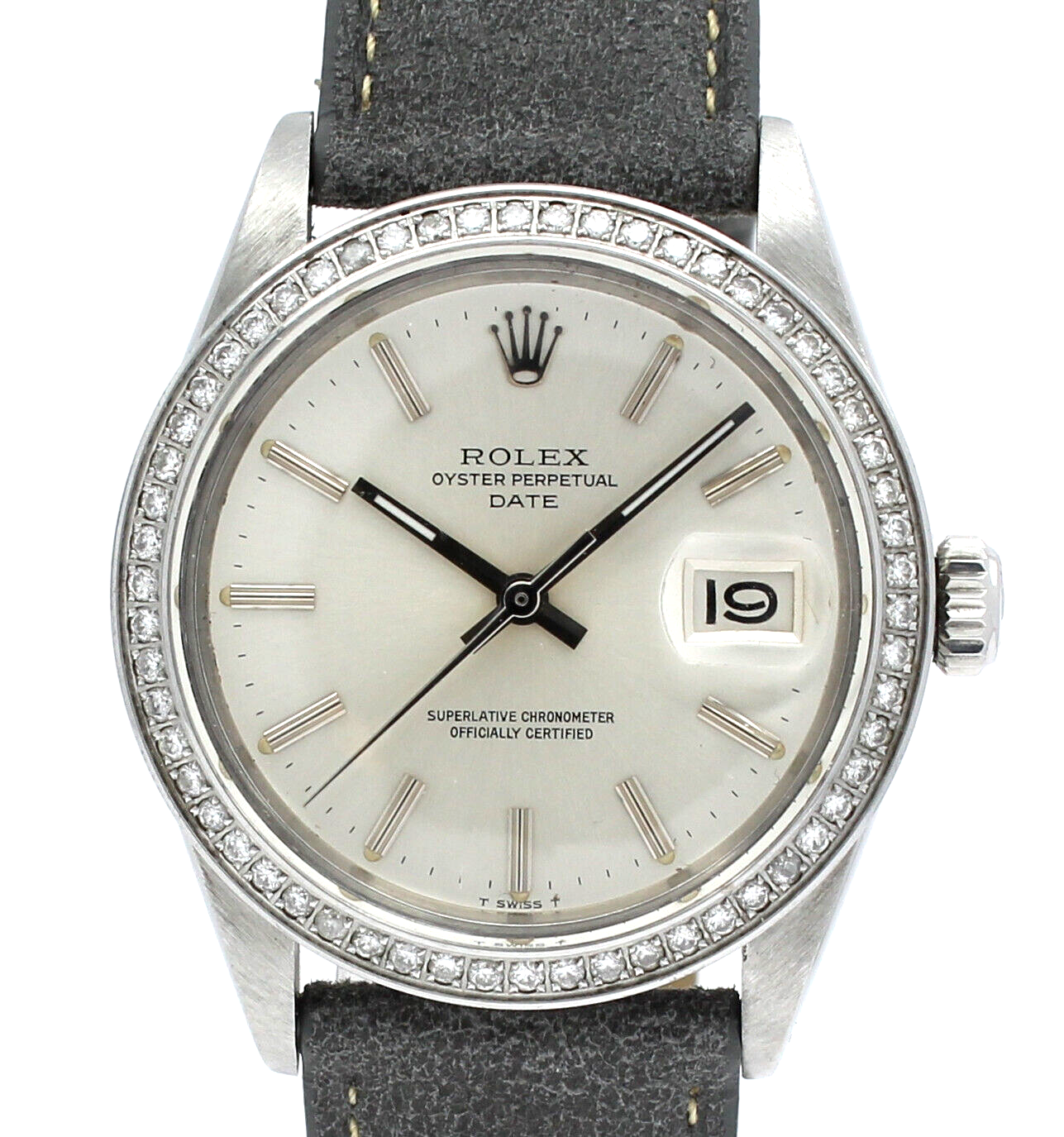 Mens Vintage Rolex Oyster Perpetual Date Steel Silver Dial  Diamond Watch