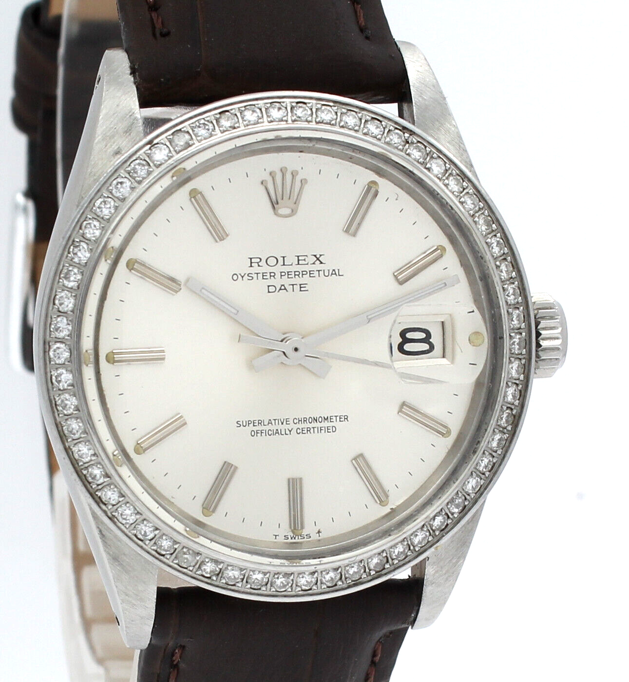 Mens Vintage Rolex Oyster Perpetual Date Steel Silver Dial  Diamond Watch