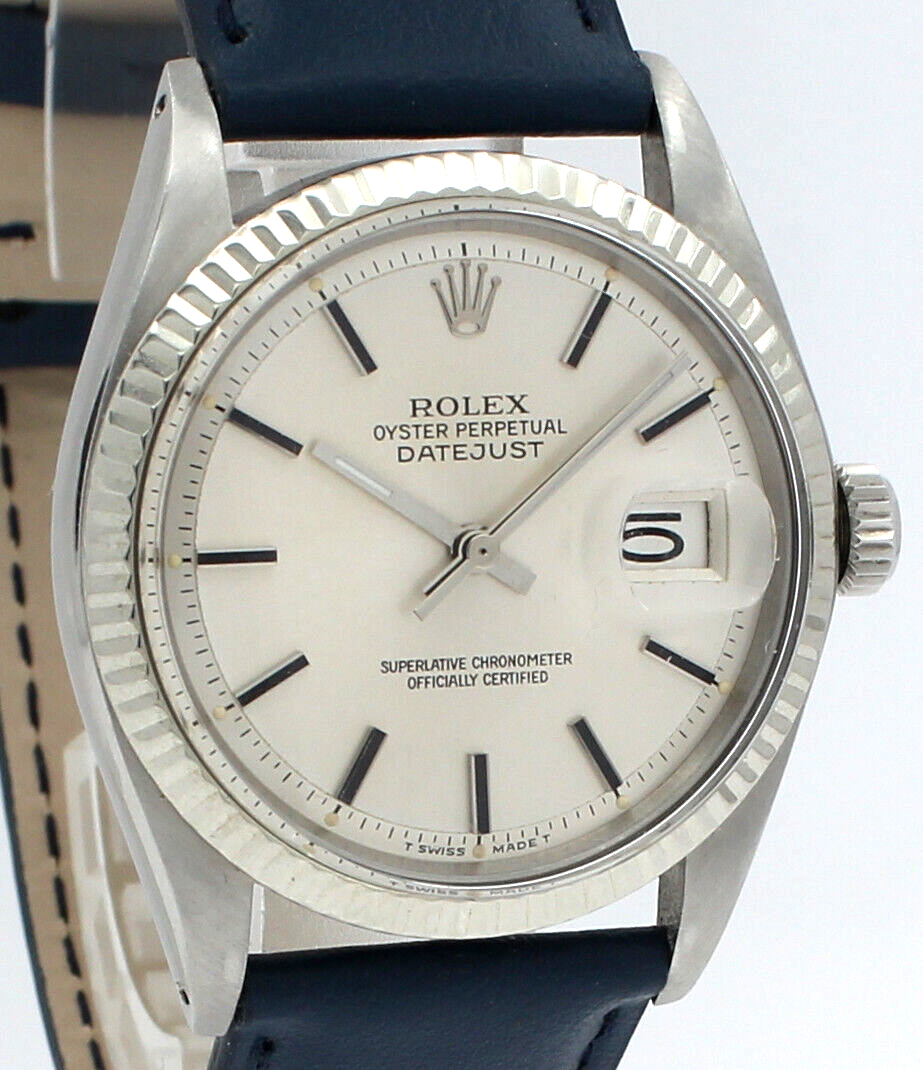 Men VINTAGE Rolex Oyster Perpetual Date Stainless Steel Silver Stick 36mm Watch