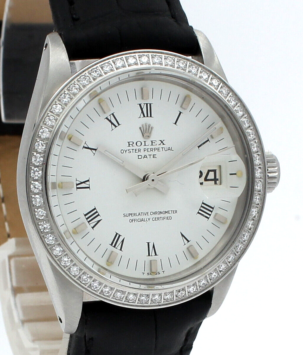 Men VINTAGE Rolex Oyster Perpetual Date Steel Diamond White Roman Buckley 34mm
