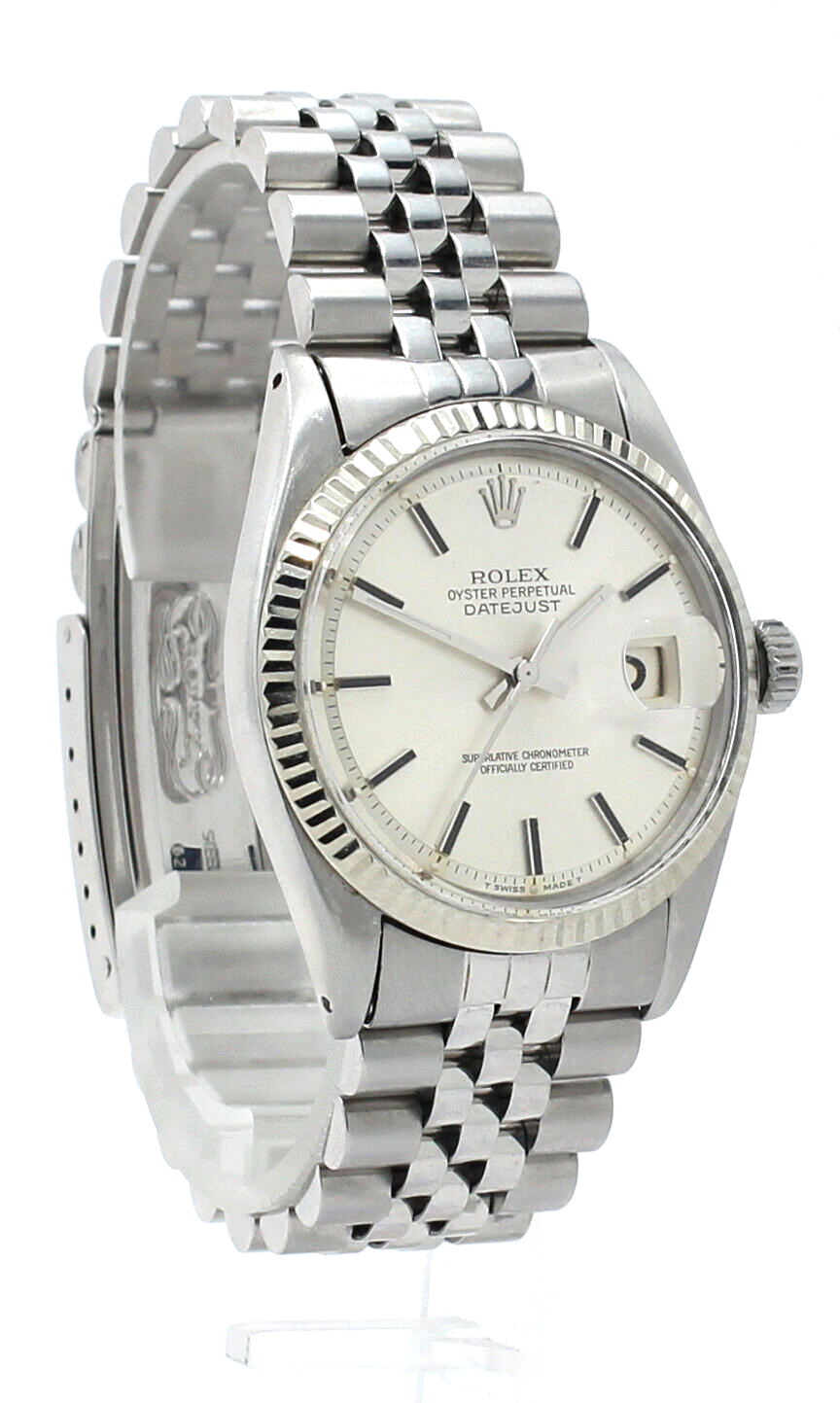 Mens Vintage ROLEX Oyster Perpetual Datejust 36mm Silver Dial White Gold Steel