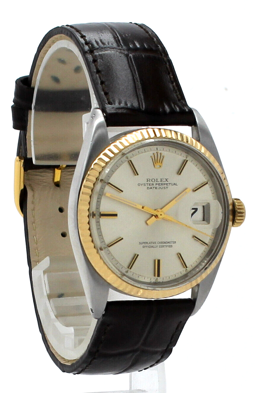 Mens Vintage ROLEX Oyster Perpetual Datejust 36mm Silver Dial 2 Tone Gold Watch