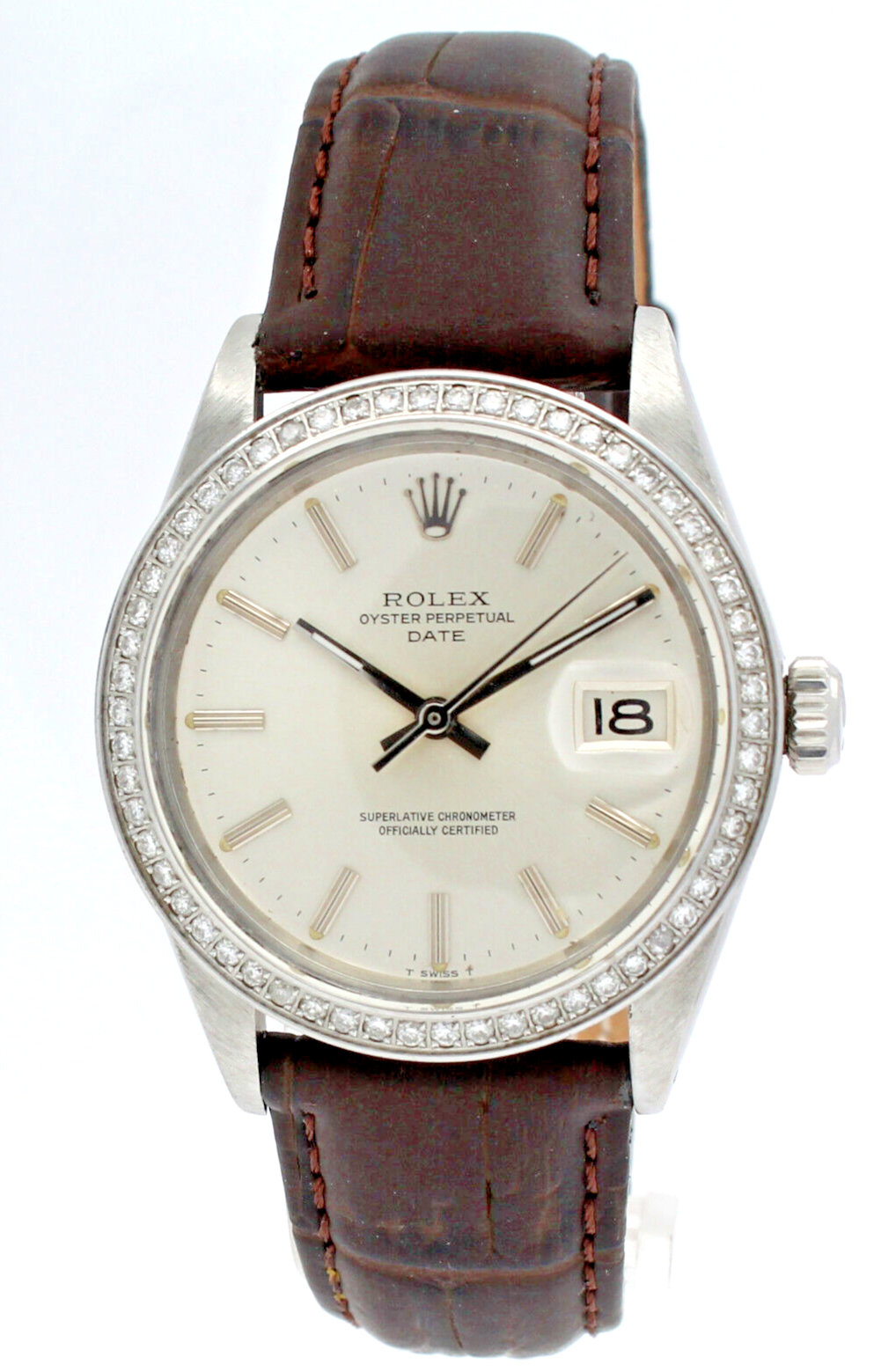 Mens Vintage Rolex Oyster Perpetual Date Steel Silver Dial 34mm Diamond Watch