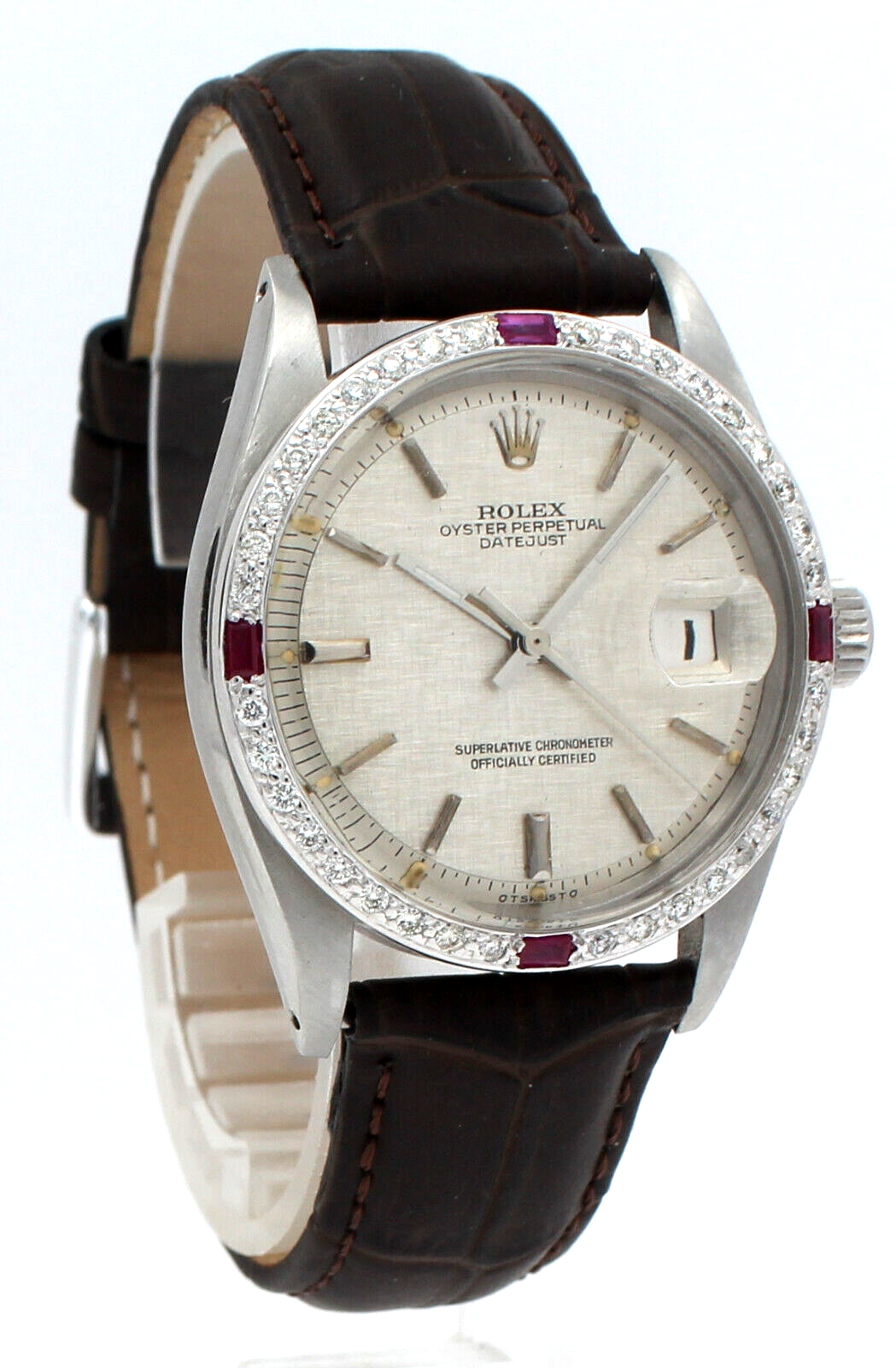 Mens Rolex Oyster Perpetual Datejust Stainless White Gold Diamonds Red 36mm