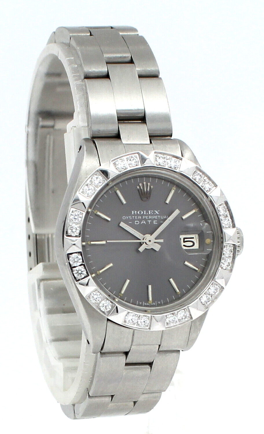 Ladies ROLEX Oyster Perpetual Datejust Steel 26mm Gray Dial Diamond Watch