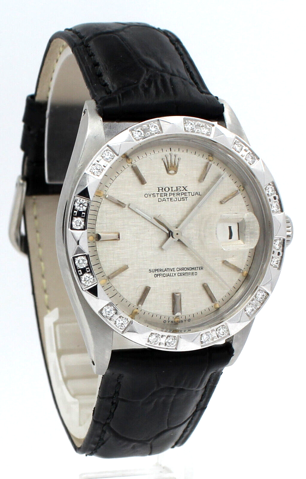 Mens Rolex Oyster Perpetual Datejust Stainless White Gold Diamonds 36mm Linen