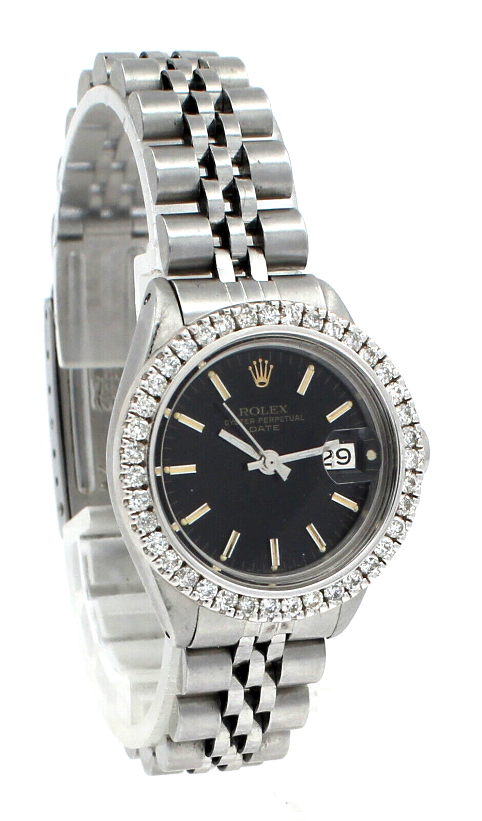 Ladies ROLEX Oyster Perpetual Date Steel 26mm Black Stick Dial Diamond Watch
