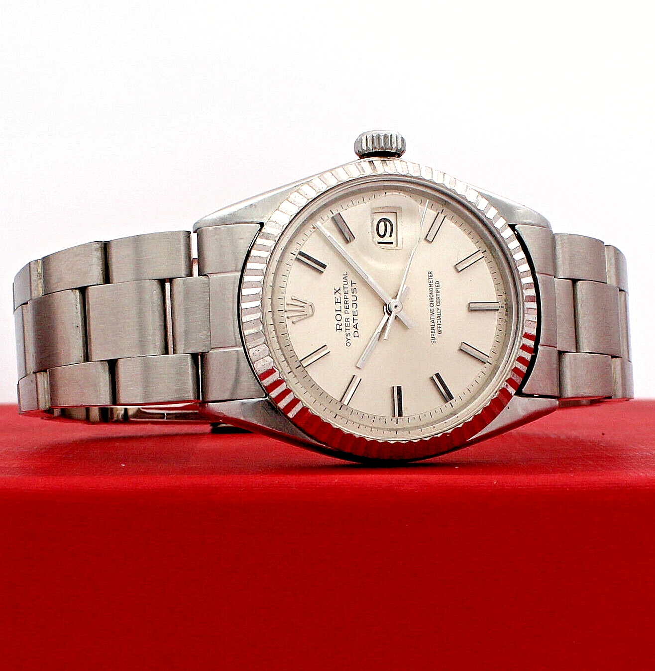 Men VINTAGE Rolex Oyster Perpetual Date Stainless Steel Silver Stick 36mm Watch