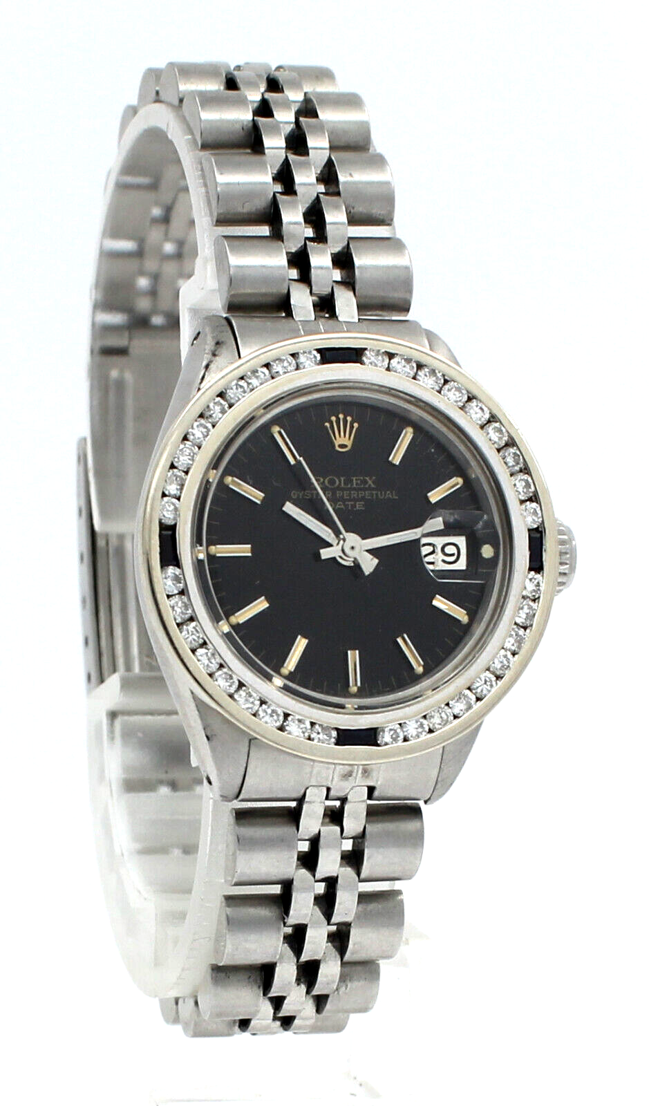 Ladies ROLEX Oyster Perpetual Date Steel 26mm Black Stick Dial Diamond Watch