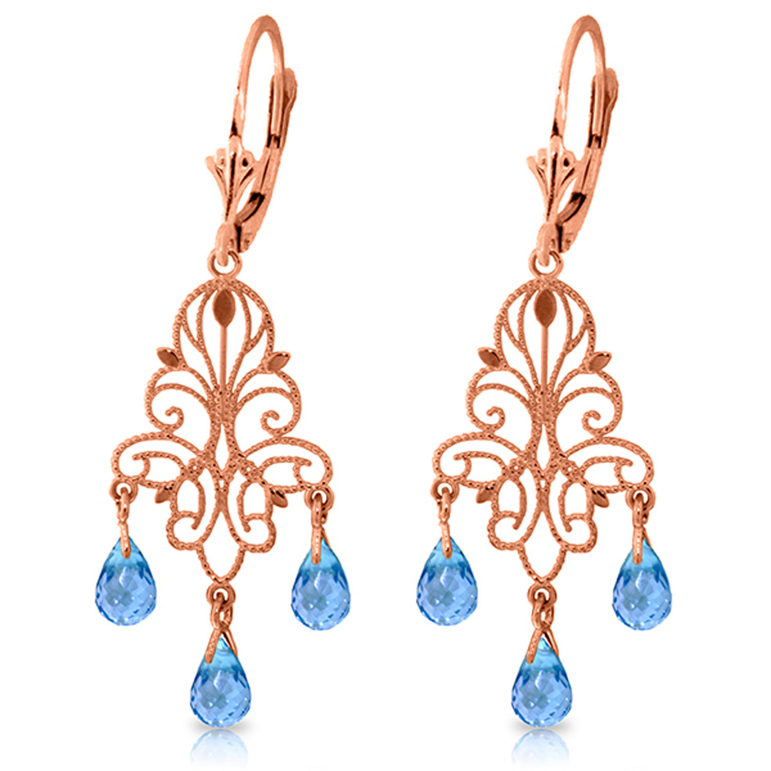 3.75 CTW 14K Solid Rose Gold Chandelier Earrings Natural Blue Topaz