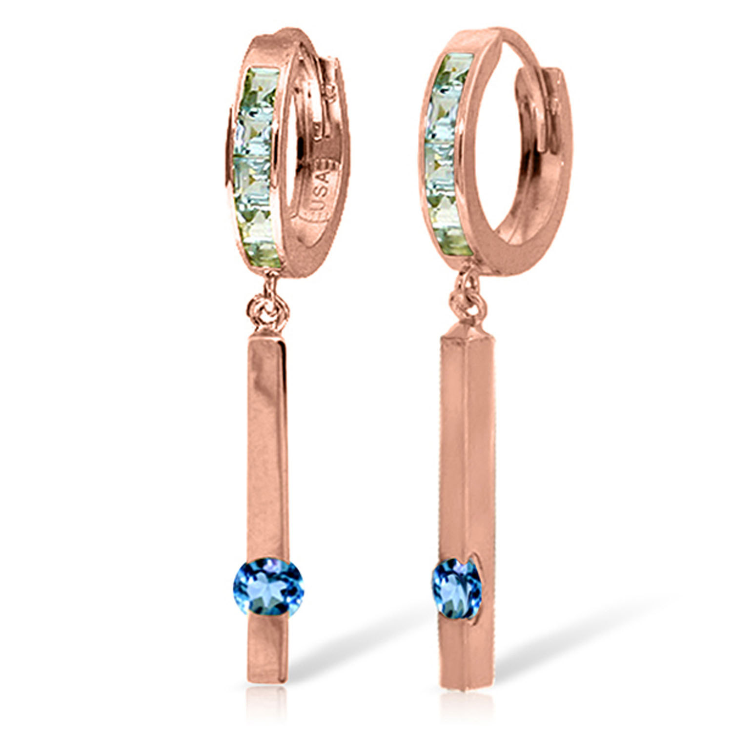 1.35 CTW 14K Solid Rose Gold Blue Topaz Bar Hoop Earrings