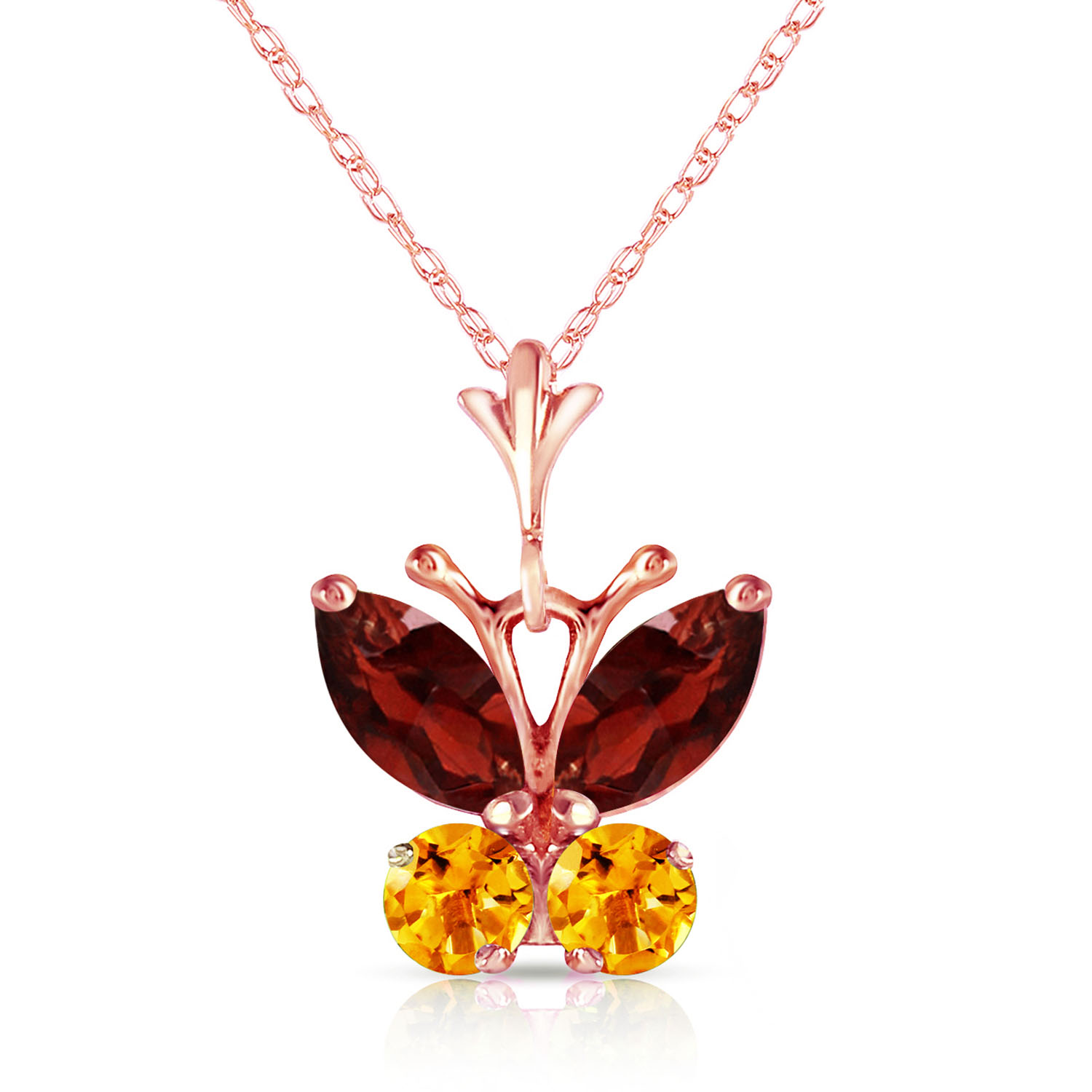 0.6 CTW 14K Solid Rose Gold Butterfly Necklace Garnet Citrine