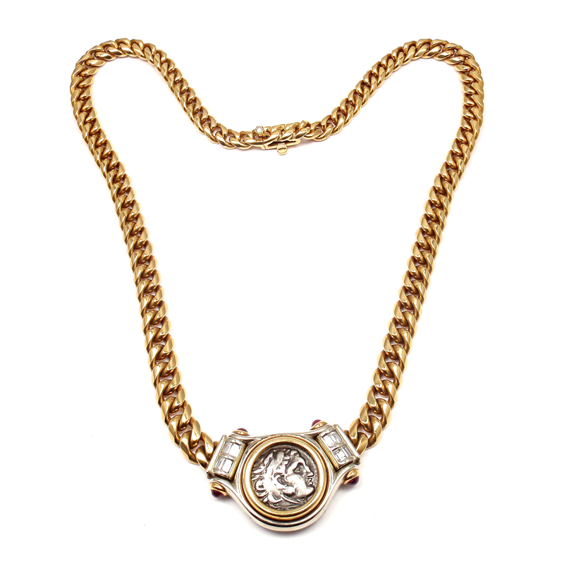 Bulgari 18K Yellow Gold Coin Diamond Ruby Link Necklace