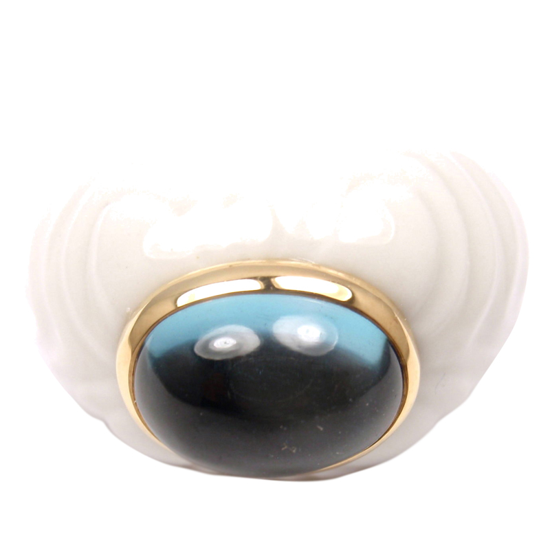 Bulgari Chandra 18K Rose Gold Ceramic Blue Topaz Band Ring
