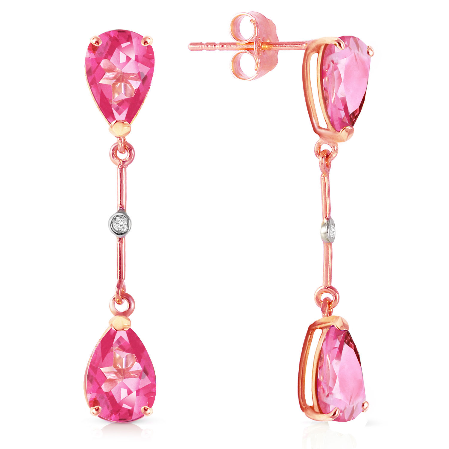 14K Solid Rose Gold Diamonds  Pink Topaz Dangling Earrings