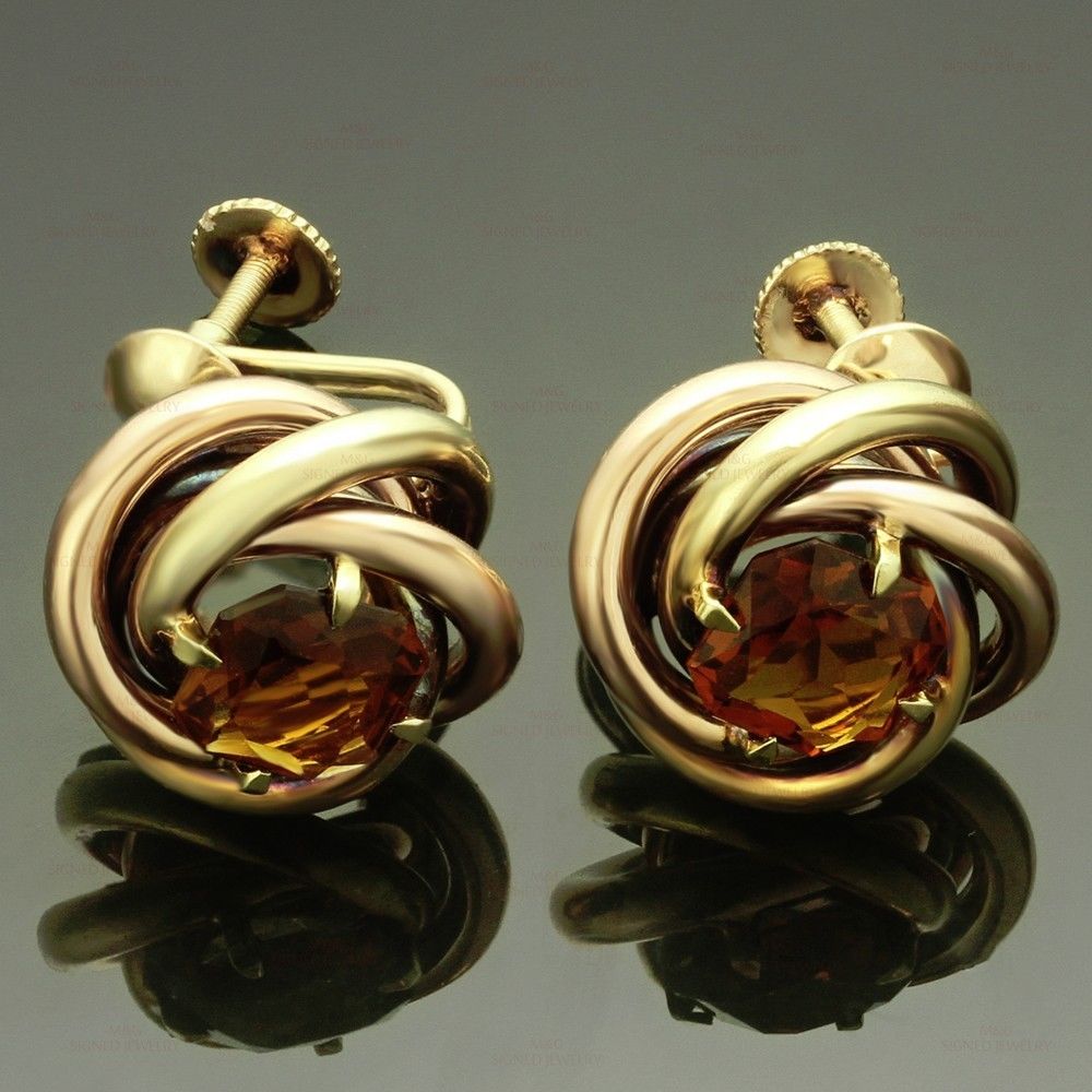 1950s CARTIER Love-Knot Citrine 14k Rose  Yellow Gold Earrings