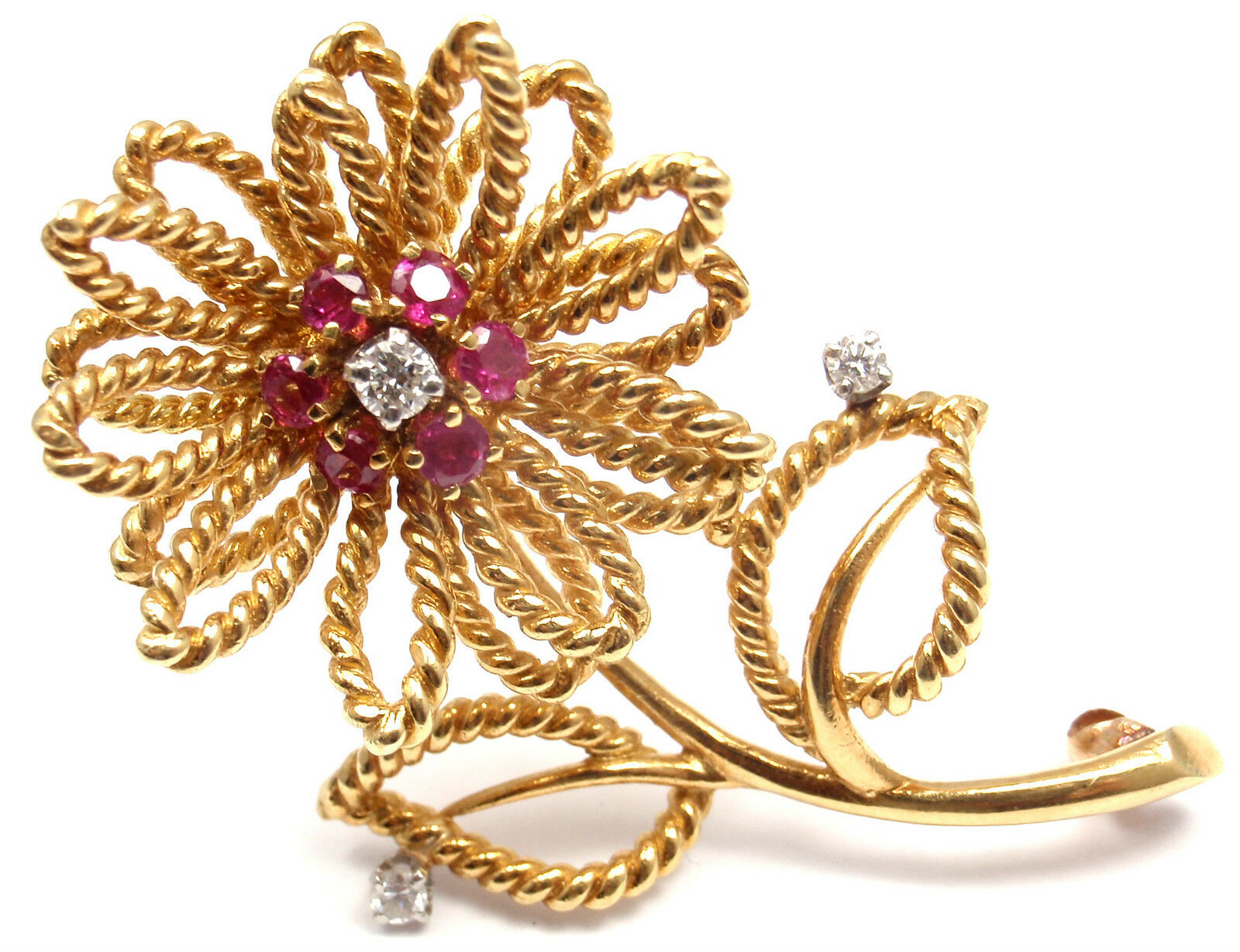 Tiffany  Co 14k Yellow Gold Diamond Ruby Flower Brooch
