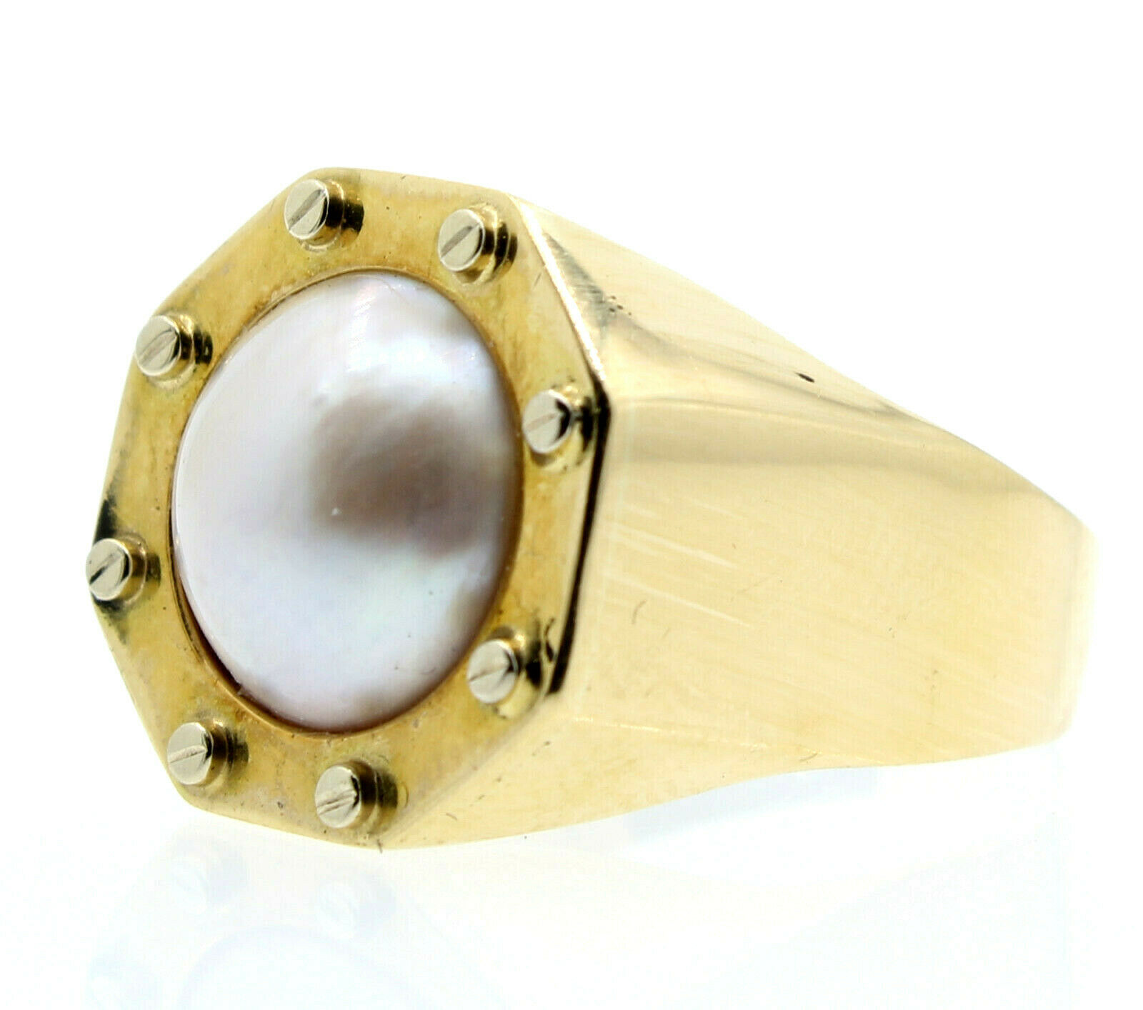 18K YELLOW GOLD LADIES 11MM MABE PEARL SCREWS RING SIZE 10