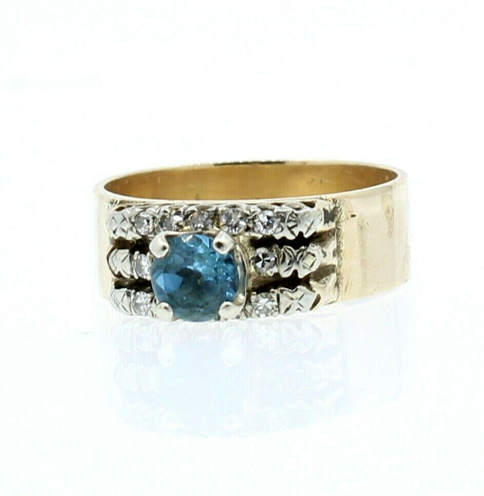 14k Yellow Gold Round Blue Topaz Diamond Wide Ladies Ring Size 10.5