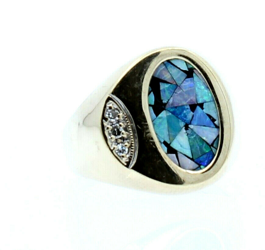 10k Yellow gold Oval Opal Diamond Men's Ring Size 10