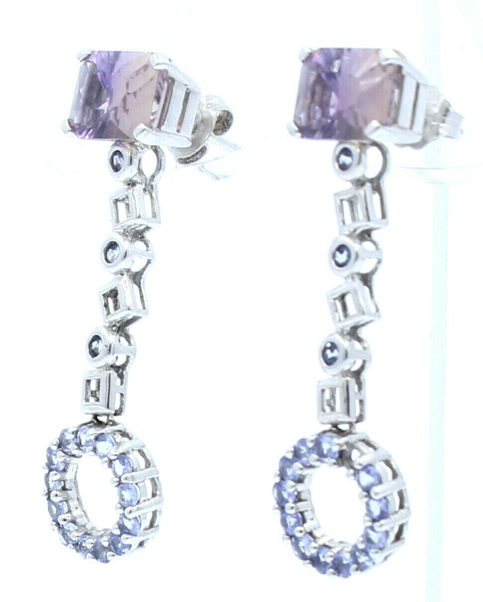 Fine Estate 10k White Gold Purple Stones Drop Earrings