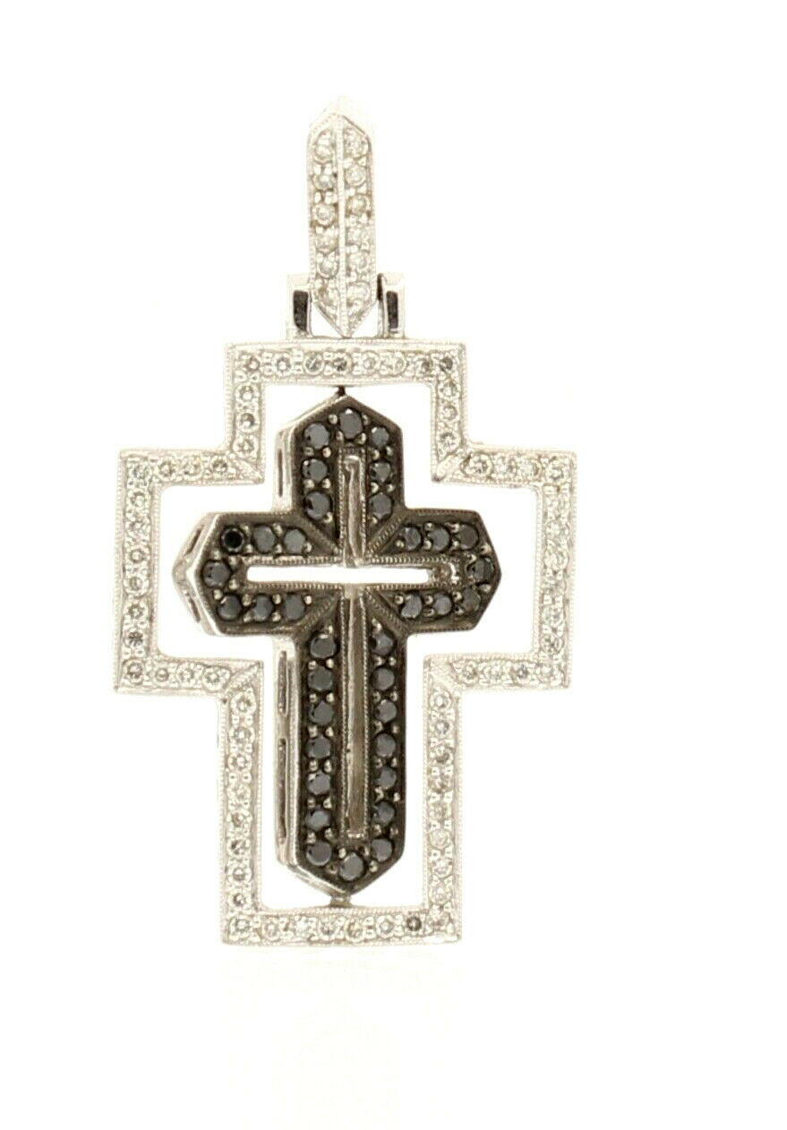 14k White Gold Swivel White Black Diamond Cross 1.5ct