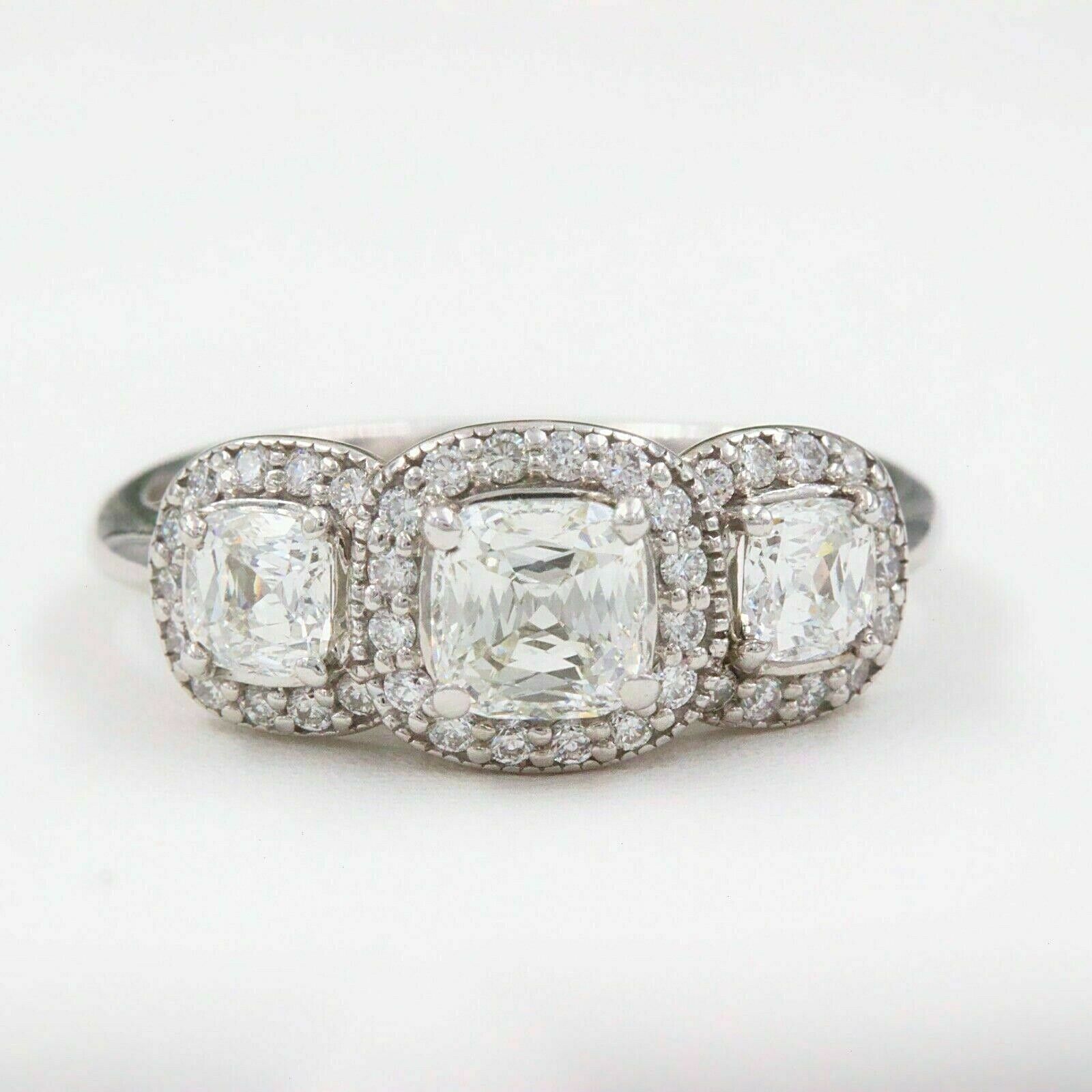 Three Stone Cushion Diamond Engagement Ring 1.17 tcw Halo Design 14k White Gold