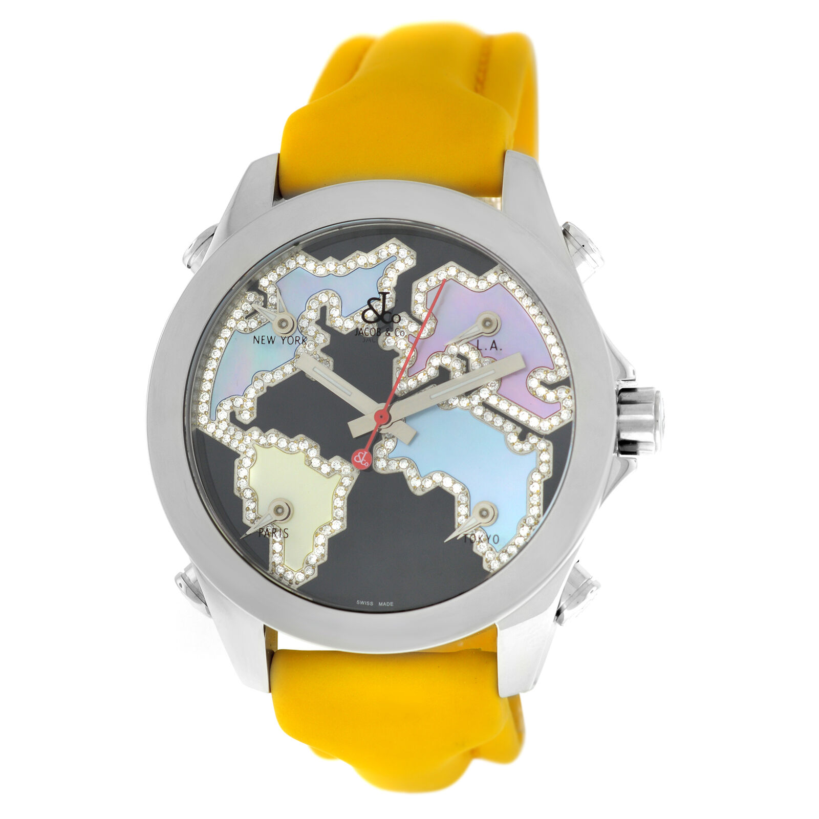 New Ladies Jacob  Co. Five 5 Time Zone JC-M122 Diamond Steel 40MM MOP Watch