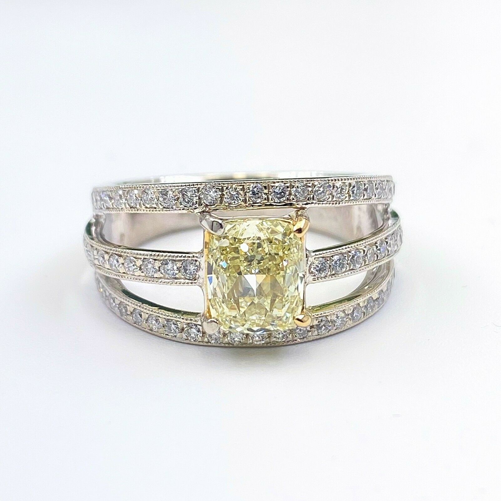 Fancy Yellow Cushion Diamond 3-Row 1.88 CTW Orianne Designer Platinum Ring 