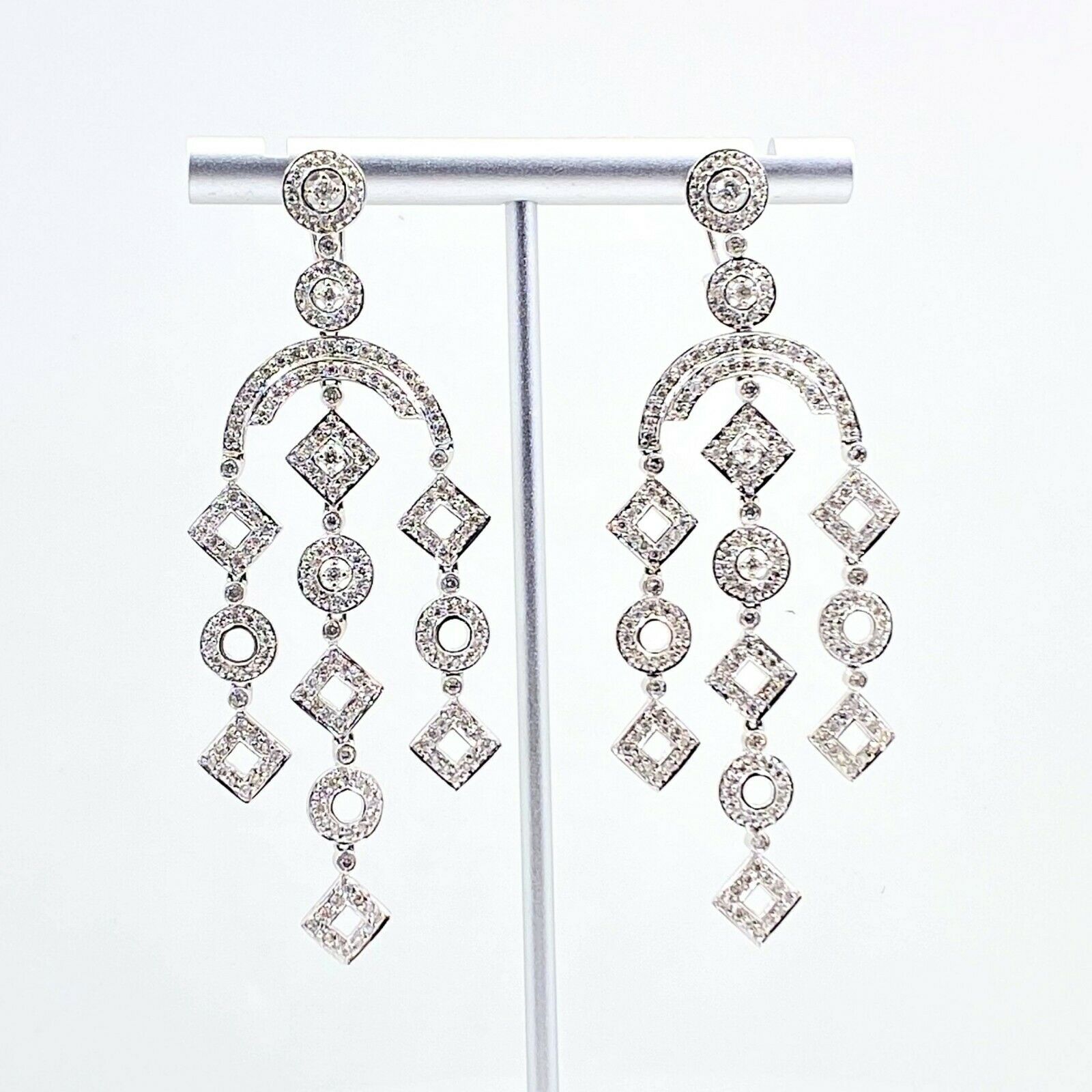 Diamond Geometric Chandelier Earrings 2 Carats 14K White Gold