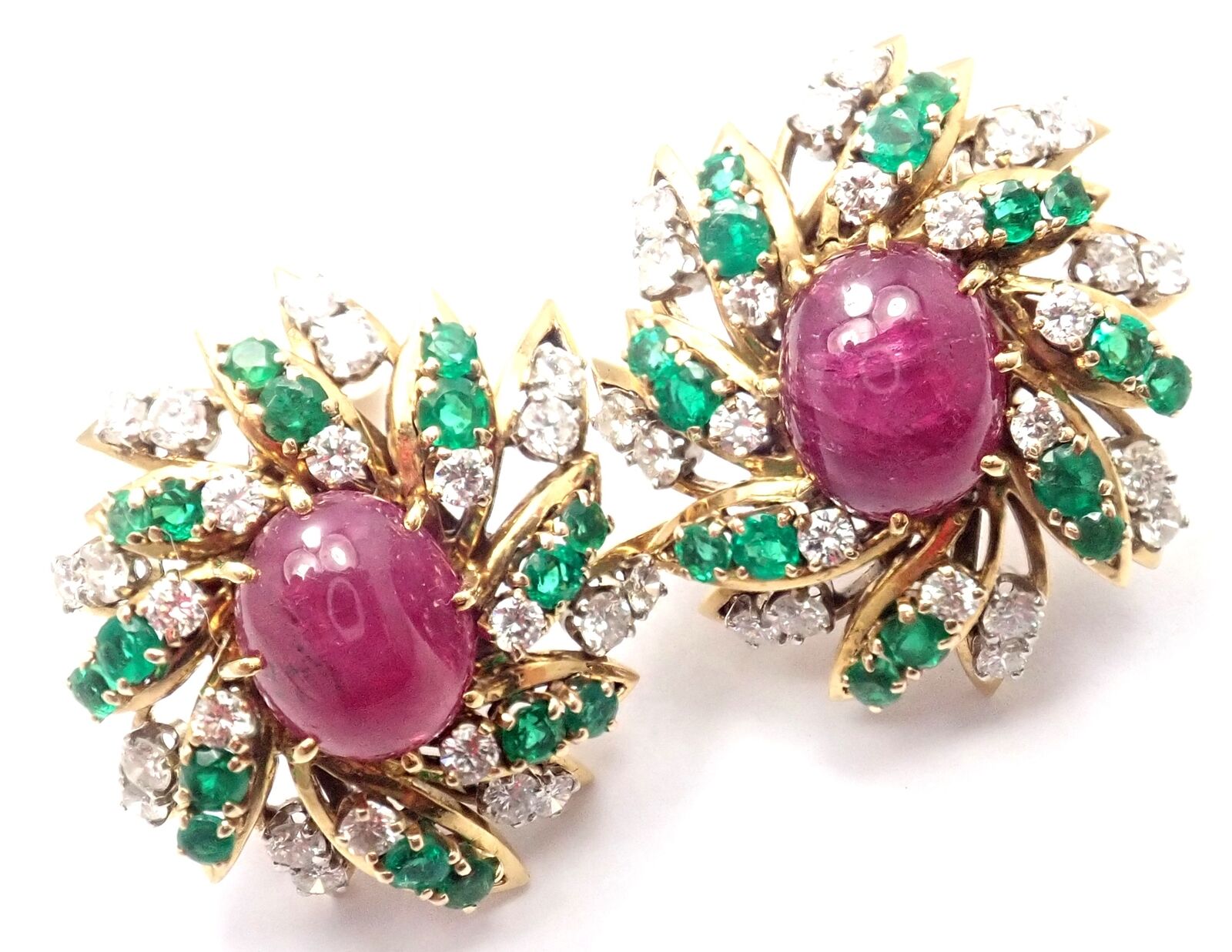 David Webb 18k Yellow Gold Platinum 3ct Diamond Emerald Ruby Earrings