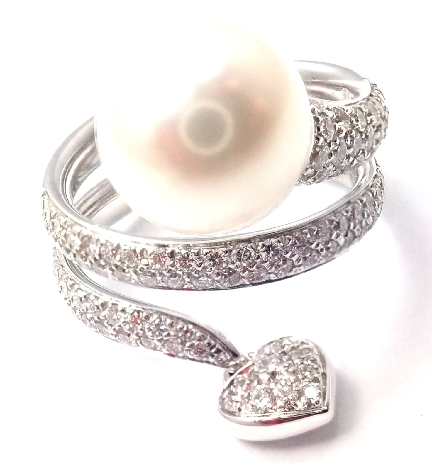 Mikimoto 18k White Gold Diamond South Sea Pearl Heart Ring Cert.