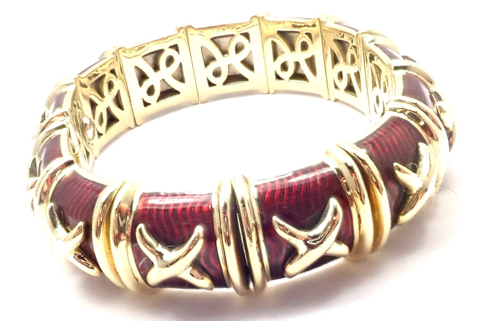 Hidalgo 18k Yellow Gold Red Enamel X Flexible Cuff Bangle Bracelet