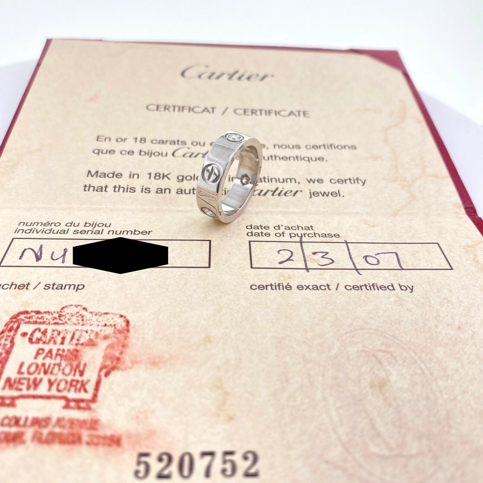 CARTIER 3 Diamonds LOVE Ring 18kt White Gold SZ 51 | Cartier | Buy