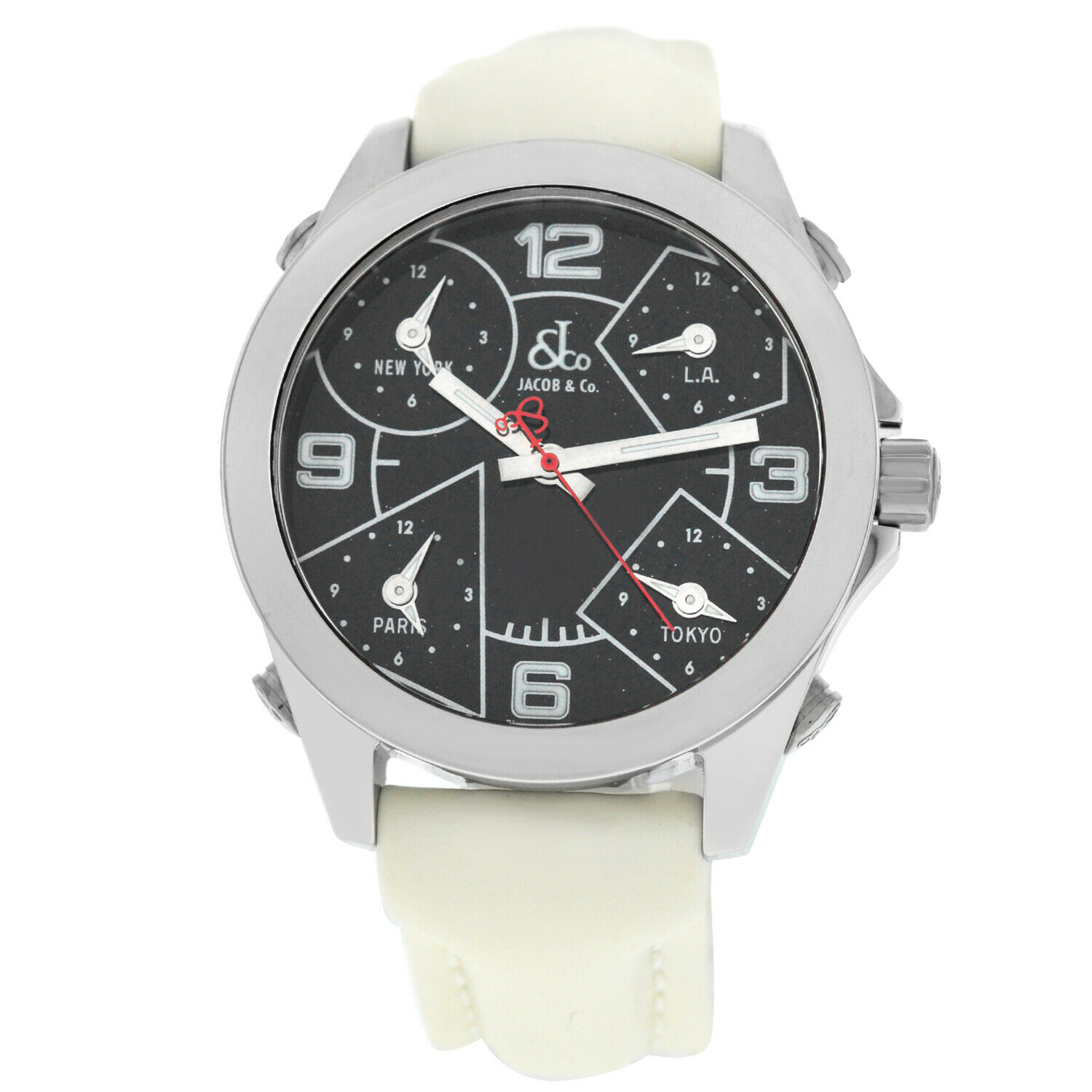 Jacob  Co. Five 5 Time Zone JCM-29  Stainless Steel 40MM Watch White Strap