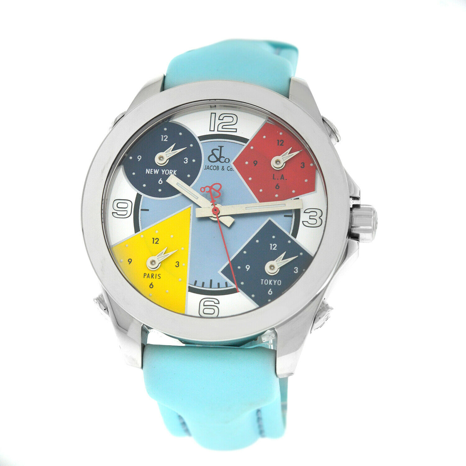 Jacob  Co. Five 5 Time Zone JCM-4 MOP Stainless Steel 40MM Watch Red Strap