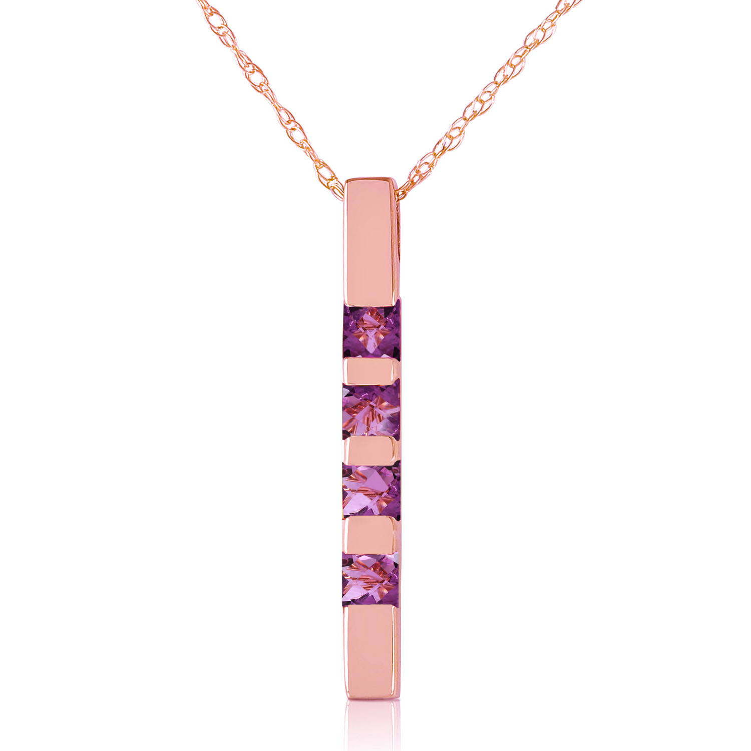 14K Solid Rose Gold Necklace Bar with Natural Purple Amethysts