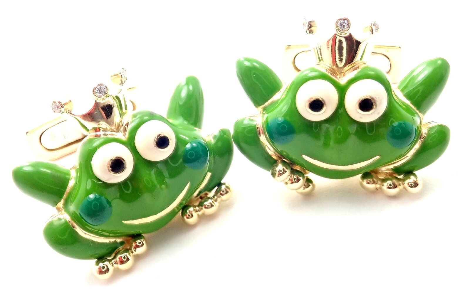 Authentic! Aaron Basha 18k Yellow Gold Diamond Enamel Frog Prince Cufflinks