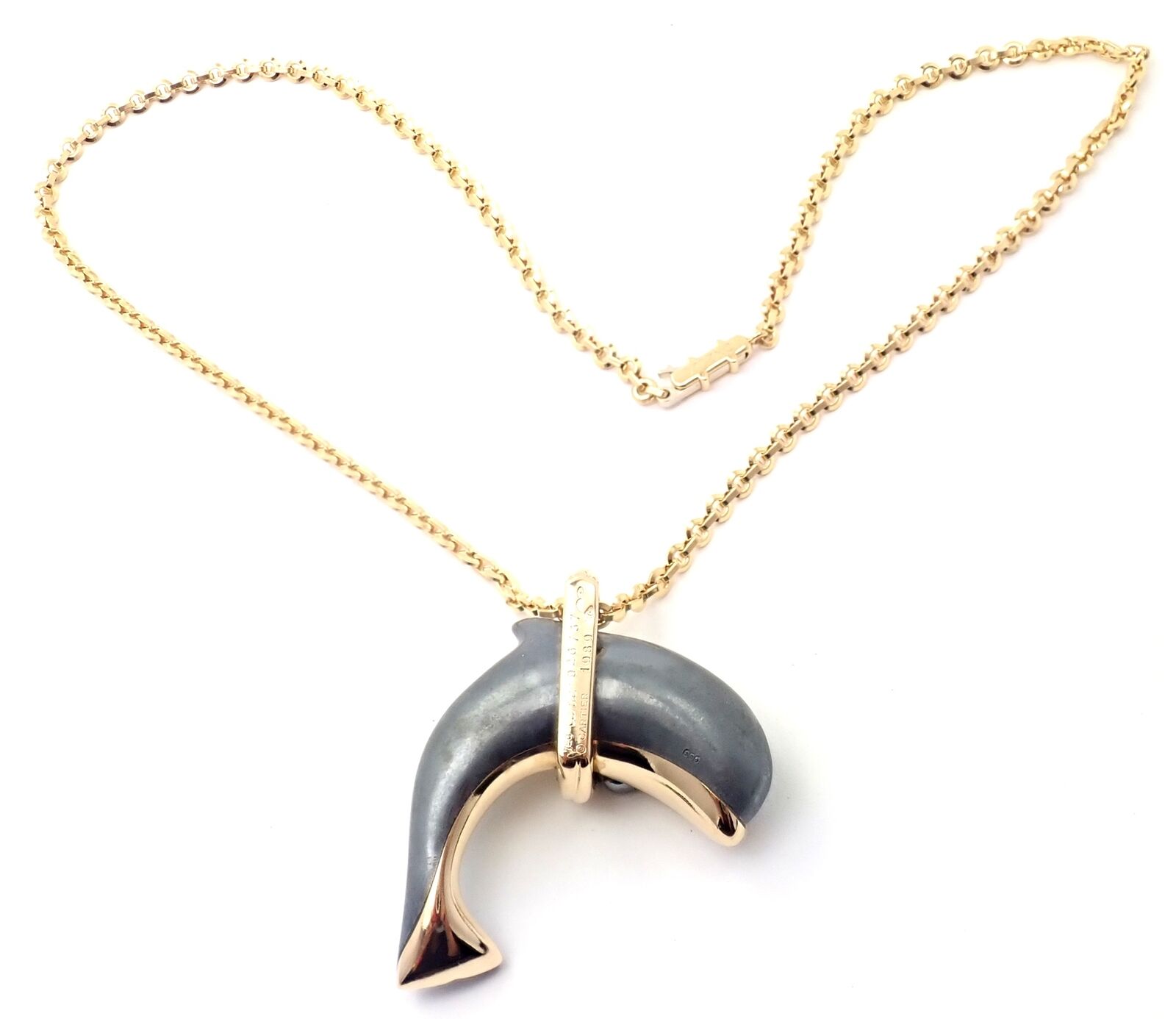 Rare! Authentic Cartier 18k Yellow Gold Hematite Dolphin Pendant Link Necklace