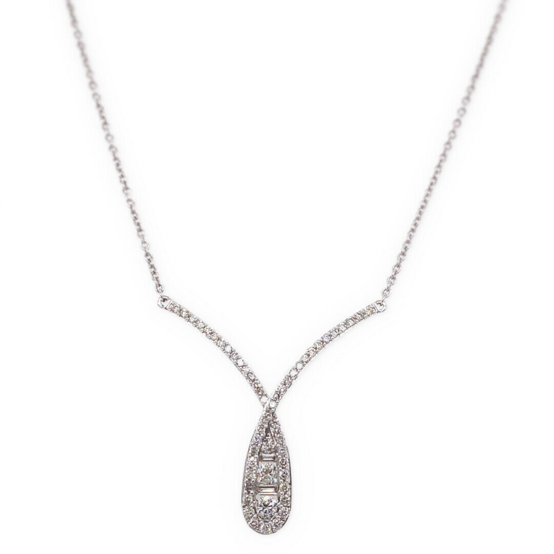 Ladies Round  Baguette Diamond Crossover 1.15 tcw  Necklace 14kt White Gold