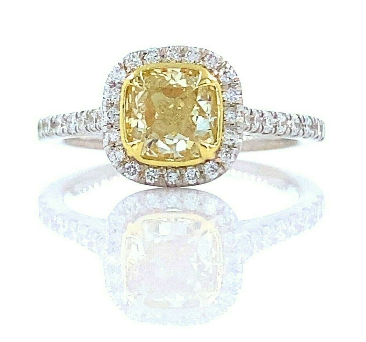 Fancy Yellow Cushion Diamond 1.37 tcw Halo Design Engagement Ring 18kt WG and YG