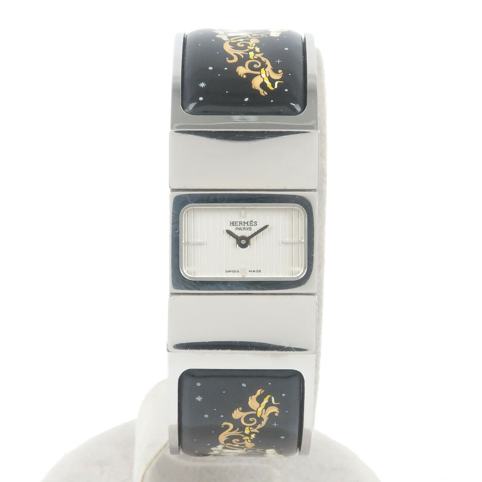 Auth HERMES Loquet Ladies Bangle Watch Silver Black L01.210 L01.110 Used F/S