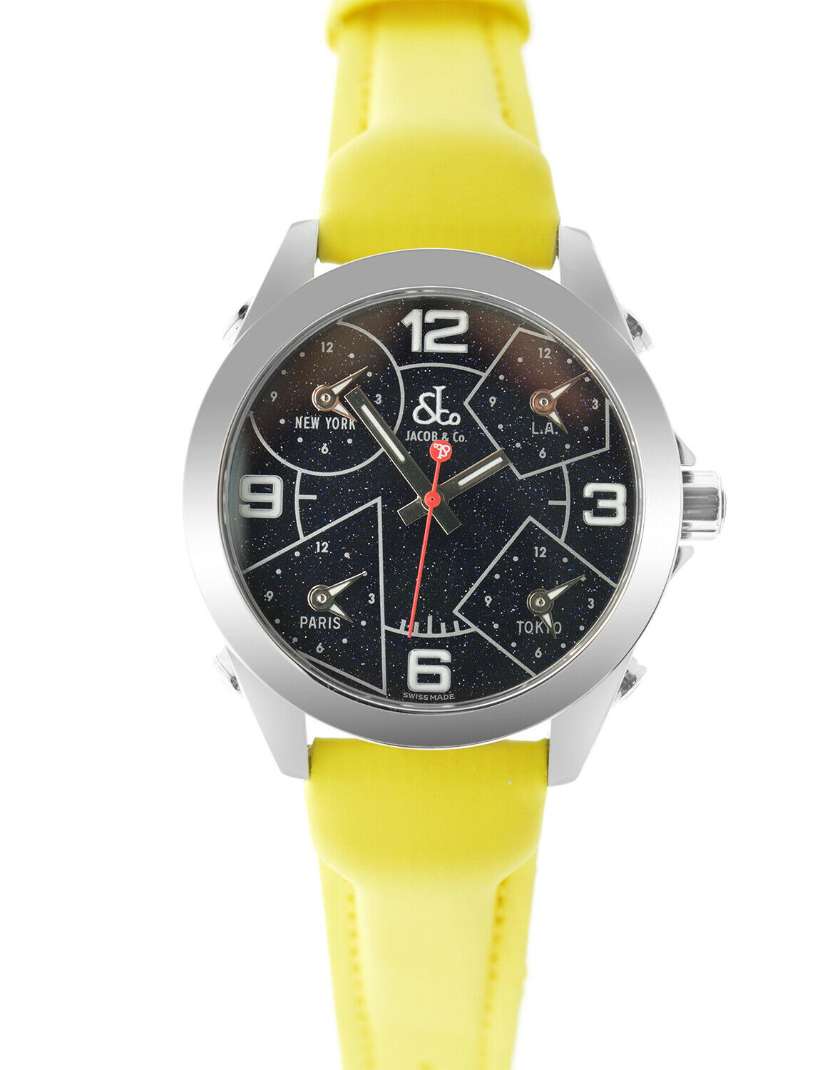 Jacob  Co. Five 5 Time Zone JCM-29 Stainless Steel 40MM Watch Yellow Strap
