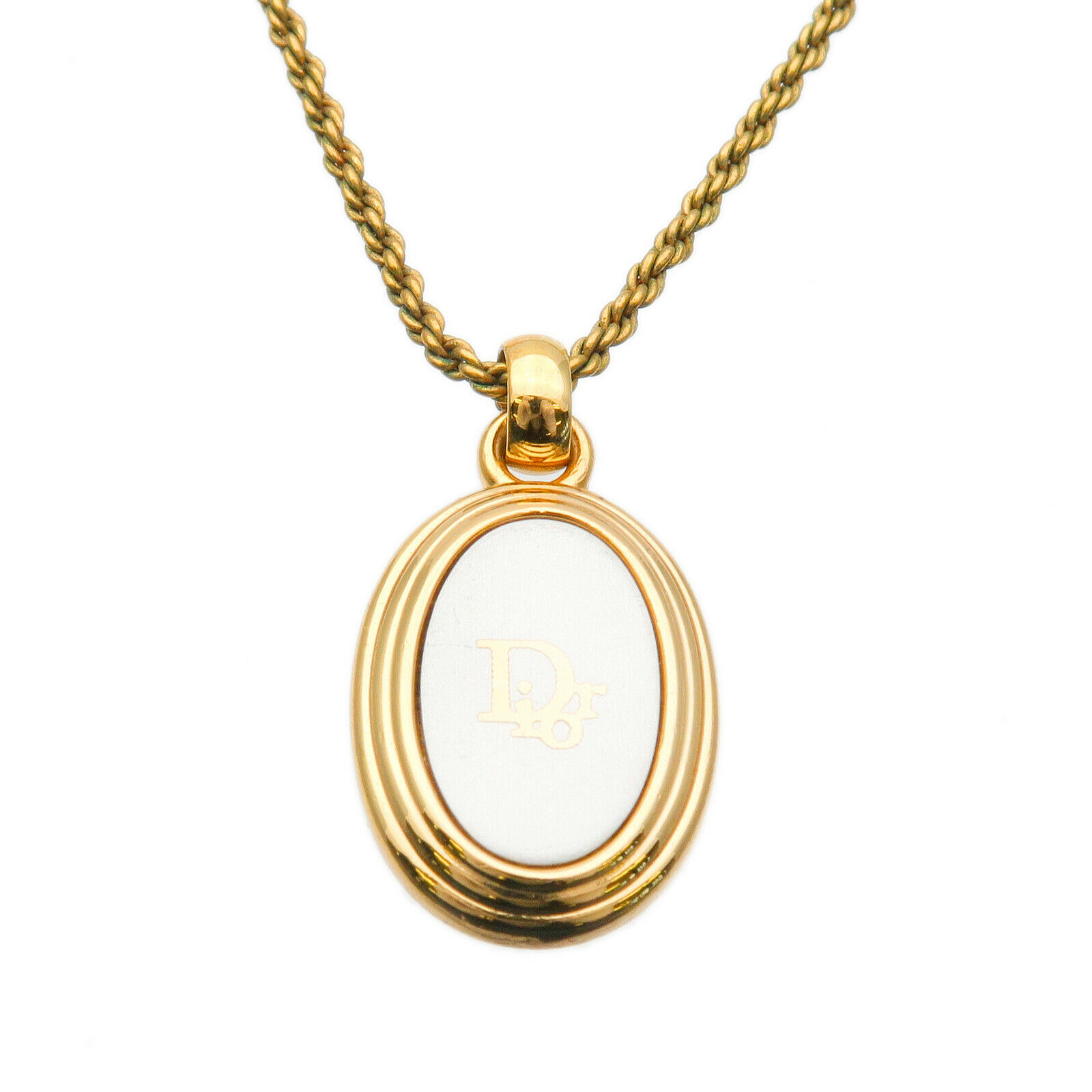 Authentic Christian Dior Logo Oval Necklace Pendant Gold White Used F/S