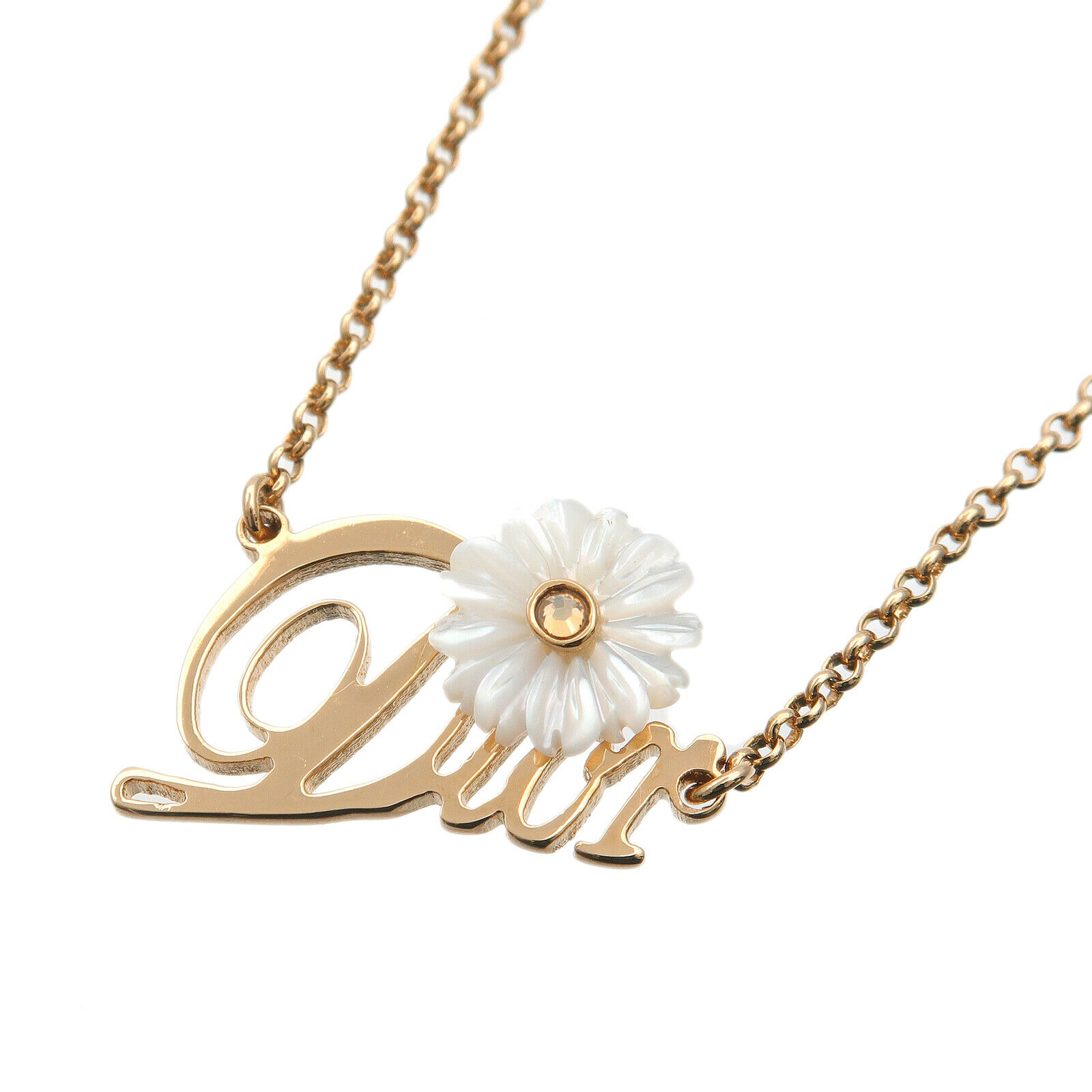 Authentic Christian Dior CD Logo Rhine Stone Flower Necklace Gold White Used F/S