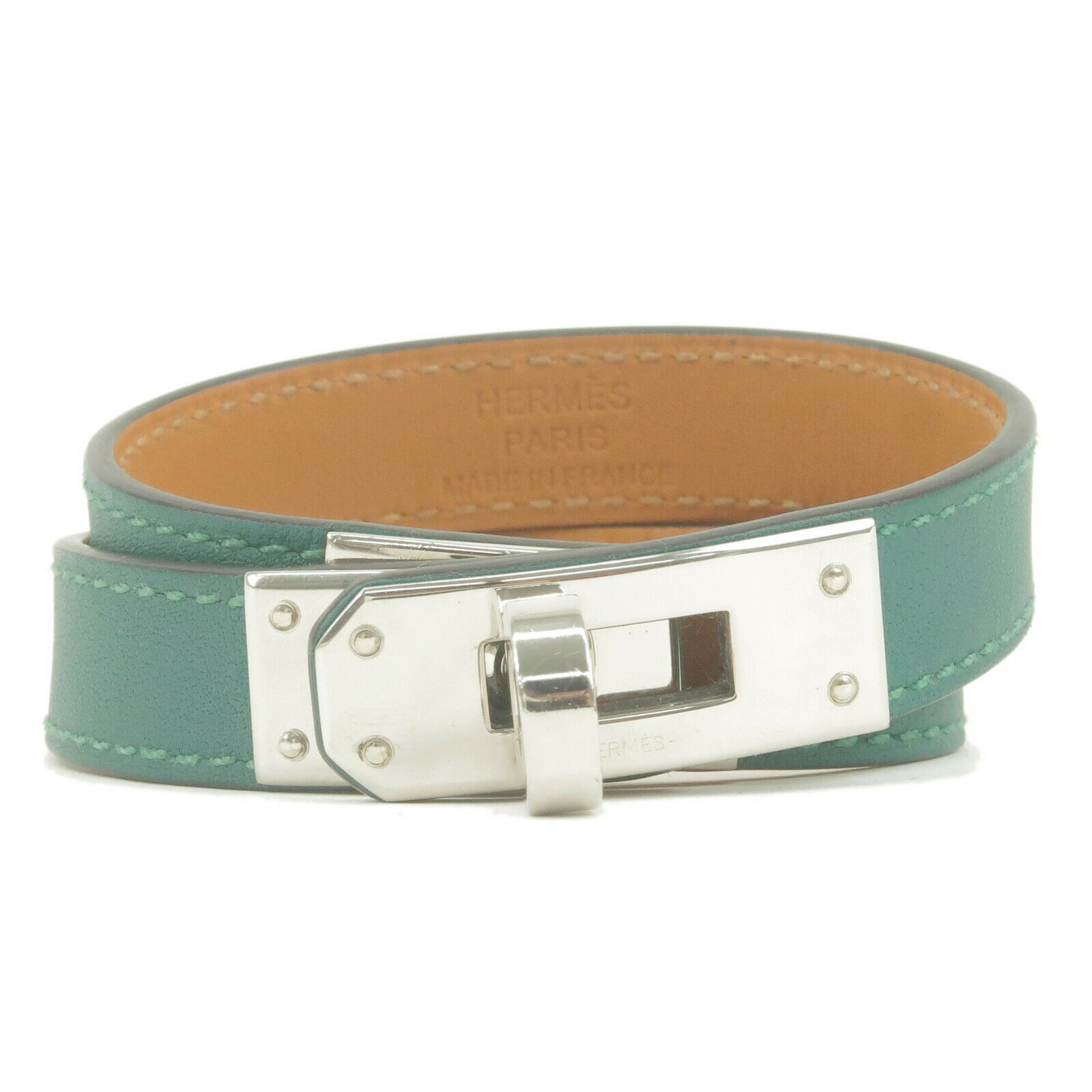 Authentic HERMES Kelly Bracelet Double Tour Leather Bracelet Green Used F/S