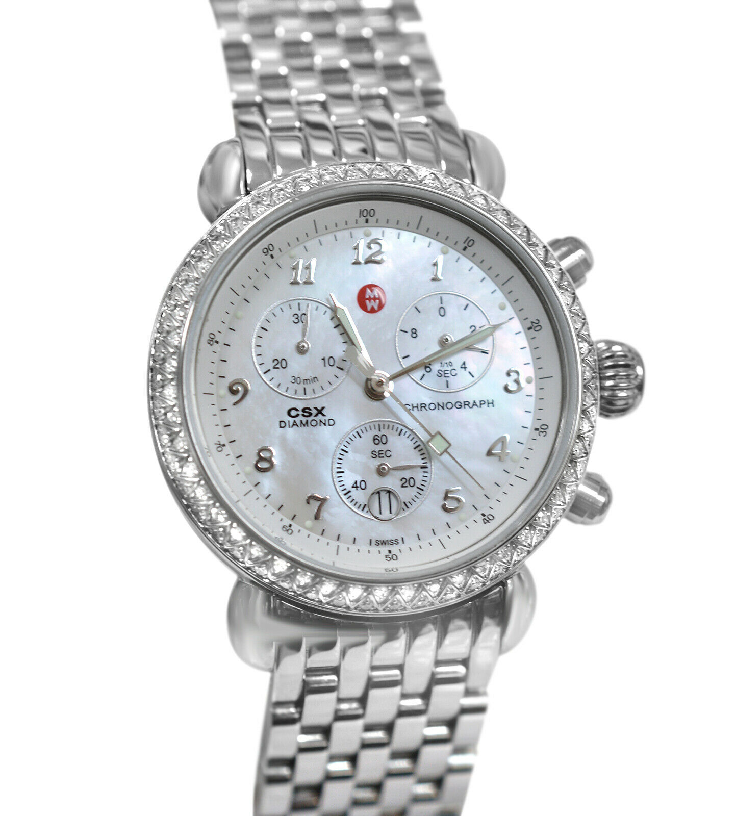 Michele CSX Diamond MW03C01 Ladies MOP Steel Chronograph Date 36MM Quartz Watch