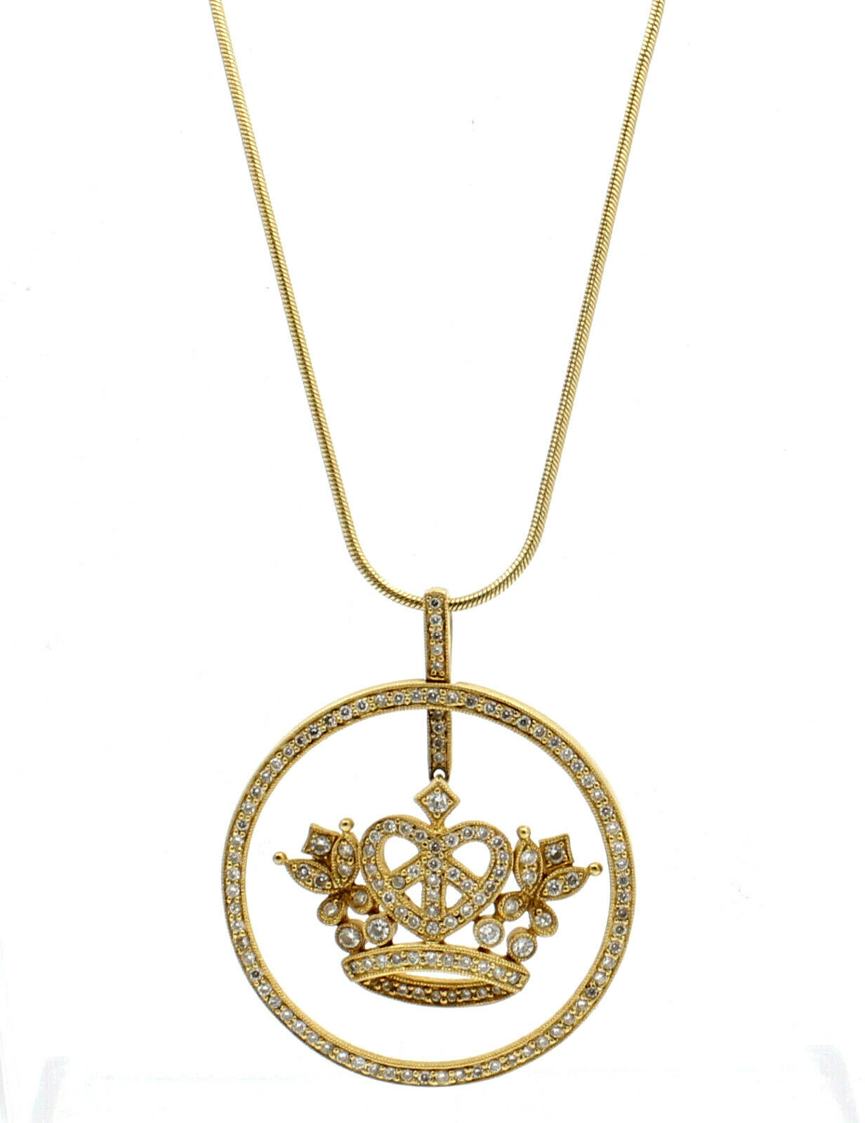 Fine Estate 18k Yellow Gold .92ct Diamond Crown Necklace 14k Chain