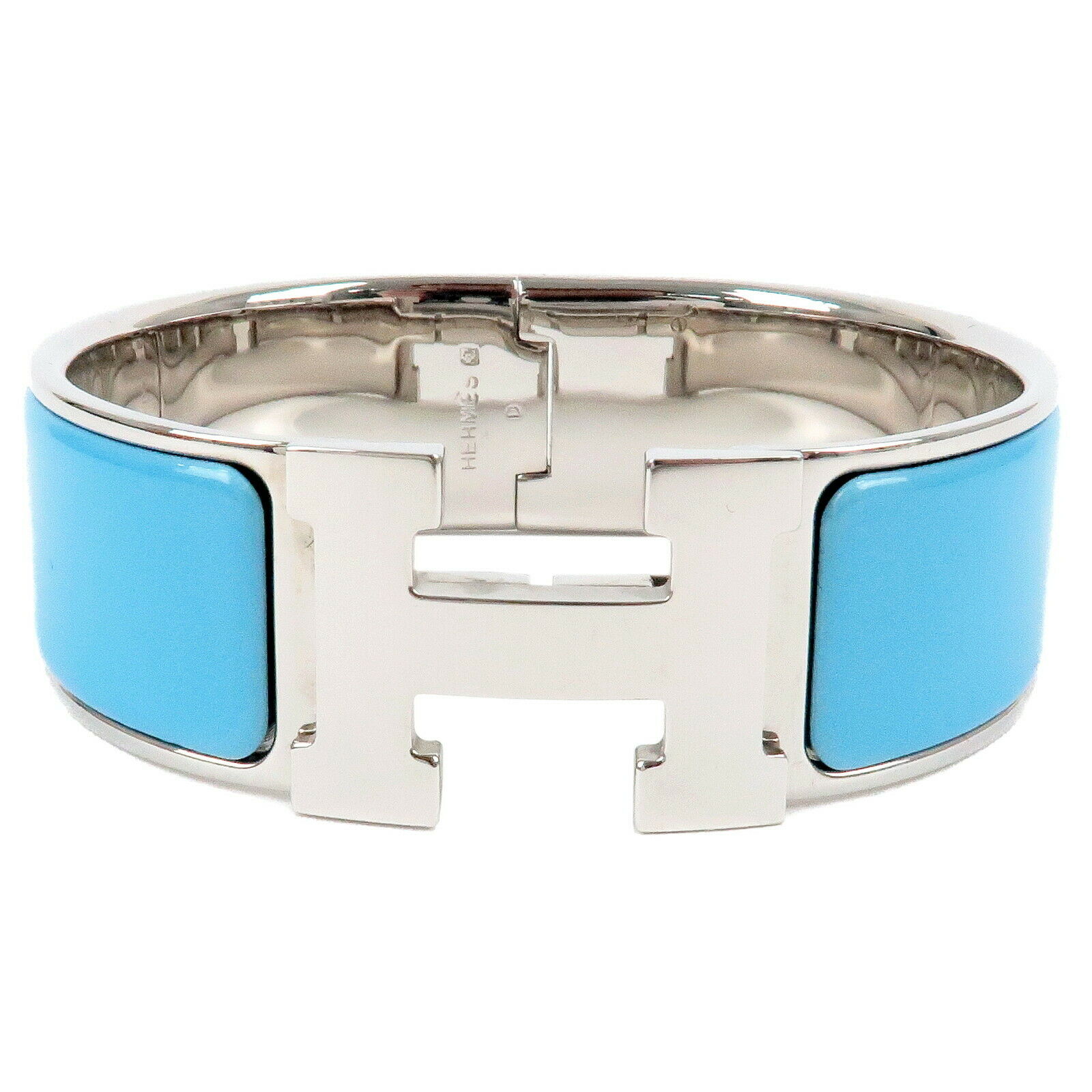 Authentic HERMES Clic Clac GM H Logo Bangle Bracelet Light Blue Silver Used F/S