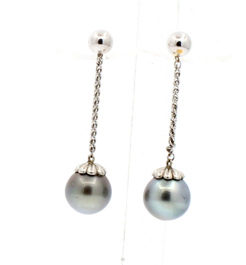 14K WHITE GOLD TAHITIAN PEARL 13MM DANGLING EARRINGS